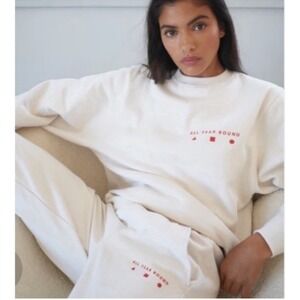 AYR All Year Round Cream Oversized Red Embroidered Crewneck Sweatshirt SZ S